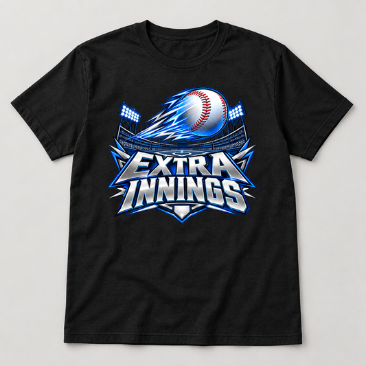 Extra Innings Baseball T-Shirt front mockup on a black shirt