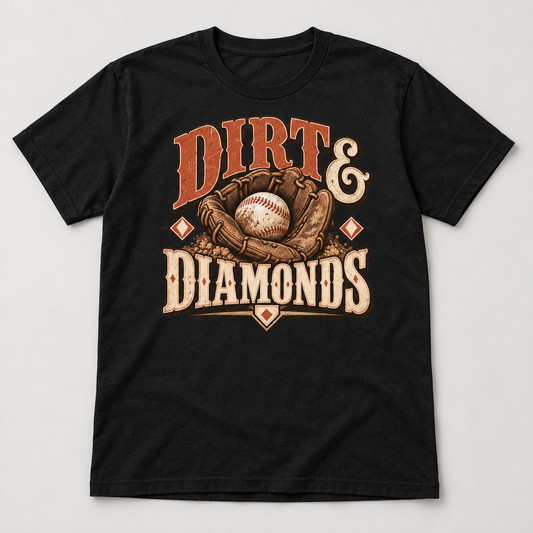 Dirt & Diamonds Baseball T-Shirt front mockup on a black shirt