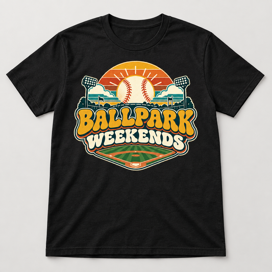 Ballpark Weekends Baseball T-Shirt front mockup on a black shirt
