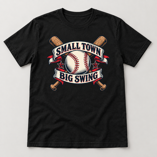 Small Town Big Swing Baseball T-Shirt front mockup on a black shirt