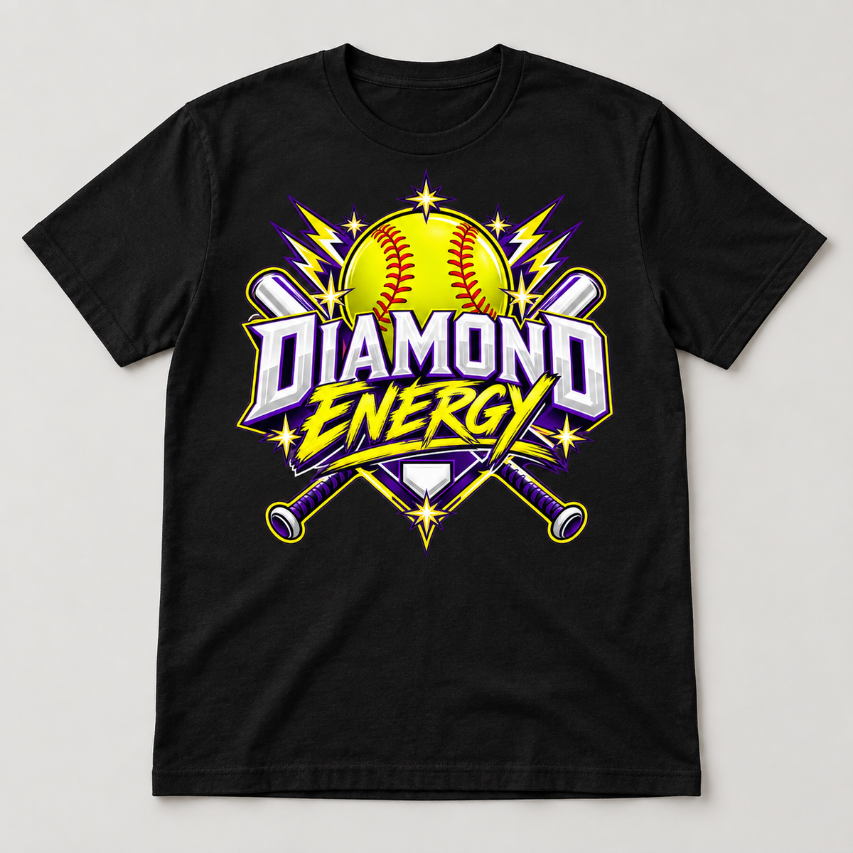 Diamond Energy Softball T-Shirt front mockup on a black shirt