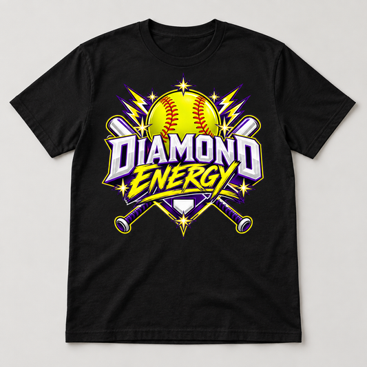Diamond Energy Softball T-Shirt front mockup on a black shirt