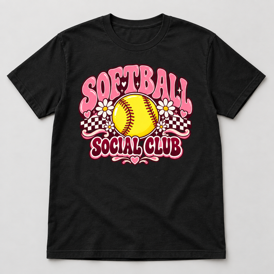 Softball Social Club T-Shirt front mockup on a black shirt