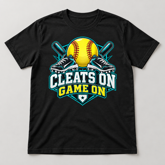 Cleats On Game On Softball T-Shirt front mockup on a black shirt