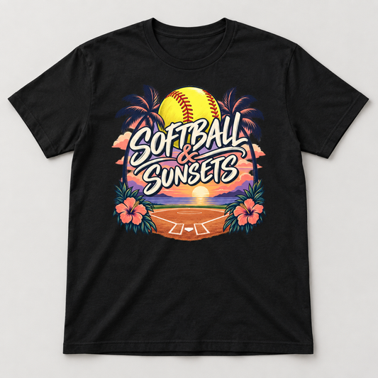 Softball & Sunsets T-Shirt front mockup on a black shirt