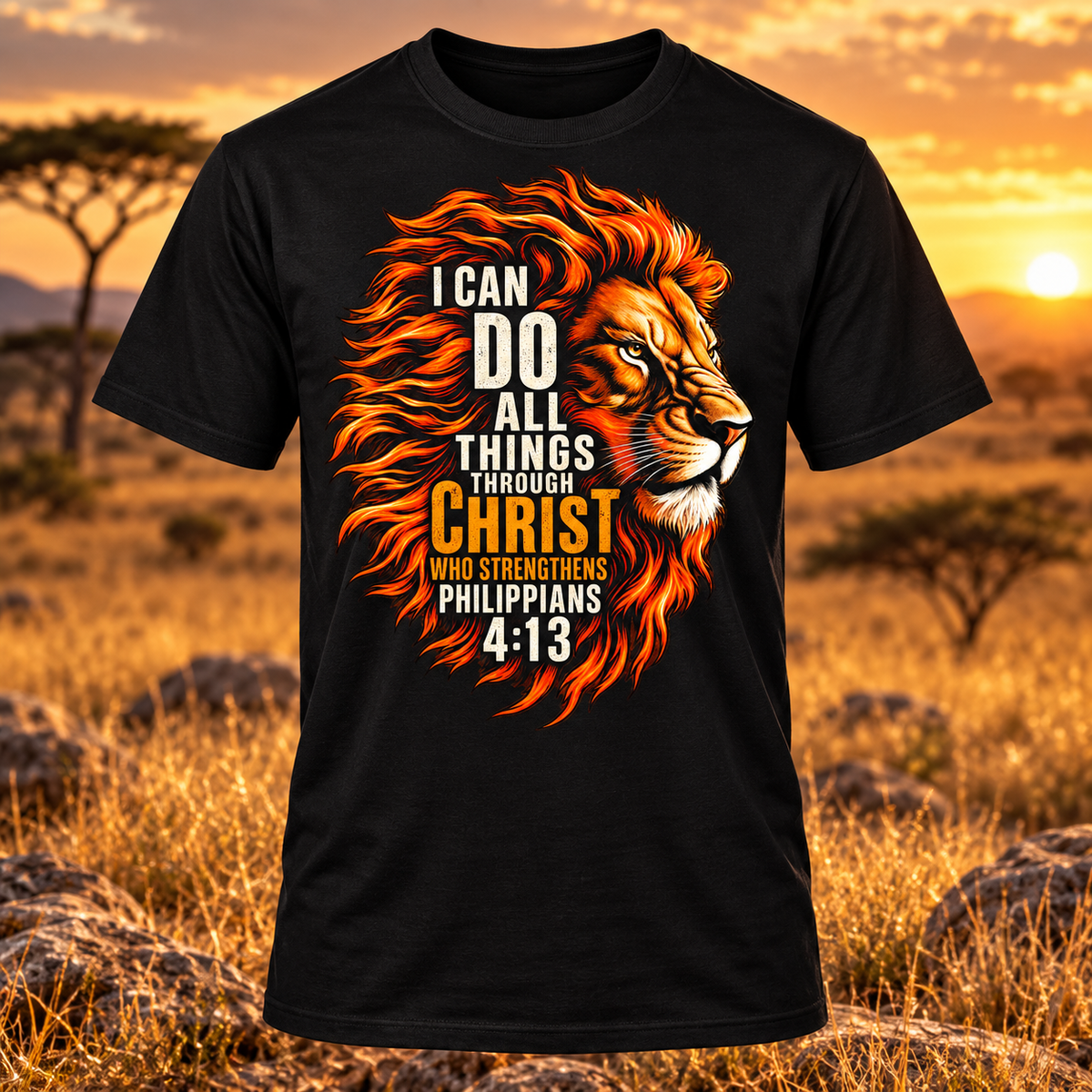 Philippians 4:13 Christian lion T-shirt in black