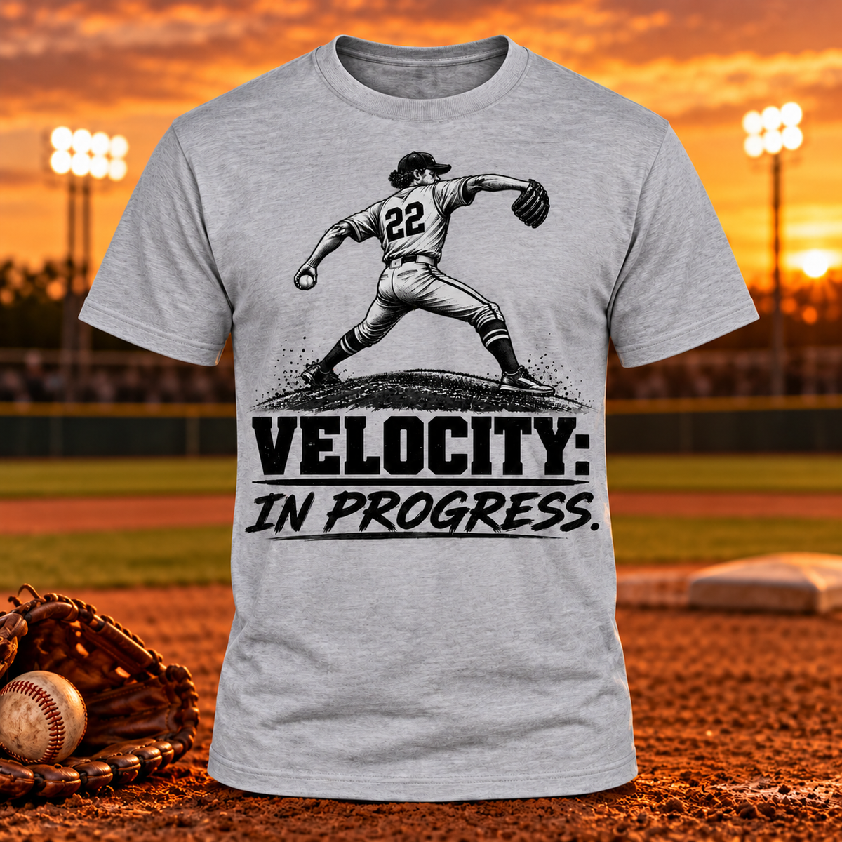 Velocity in Progress pitcher baseball T-shirt in gray