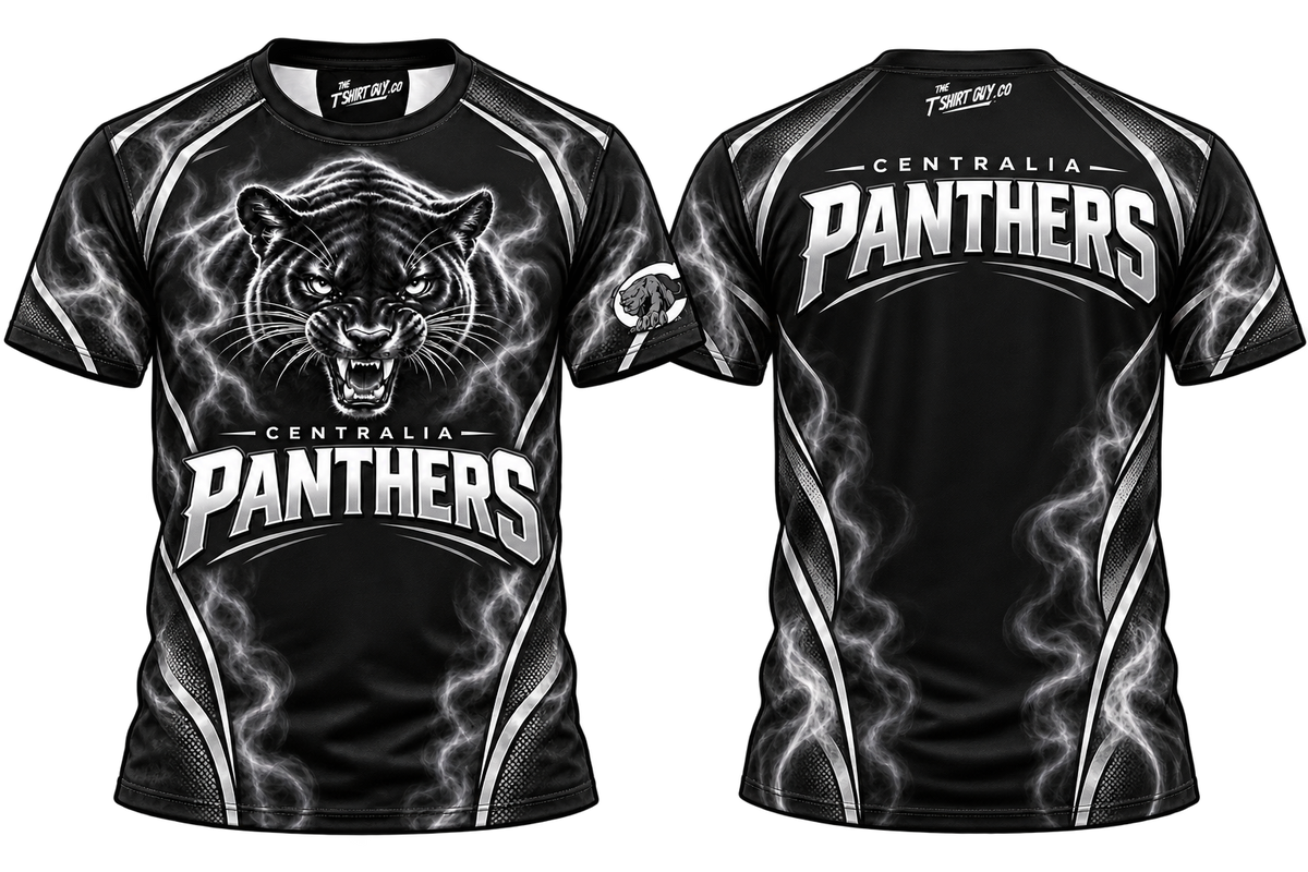 Centralia Panthers Black Smoke All-Over-Print Shirt front and back mockup