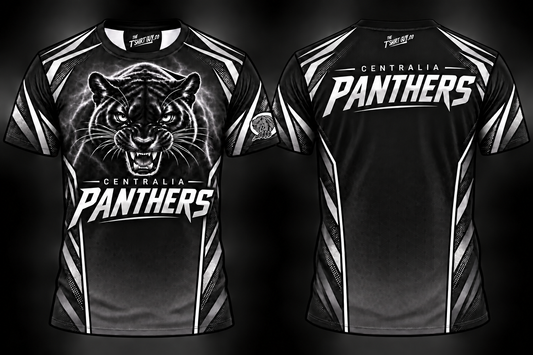 Centralia Panthers Premium Black All-Over-Print Shirt front and back mockup
