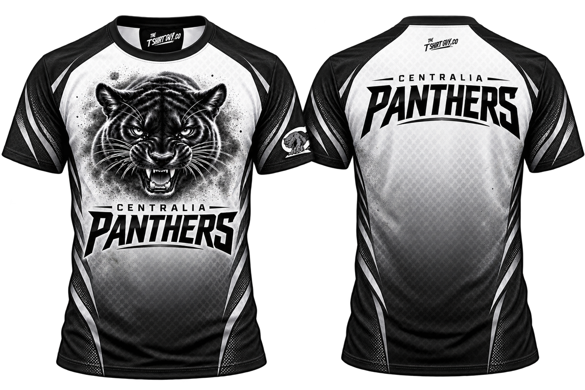 Centralia Panthers Monochrome All-Over-Print Shirt front and back mockup