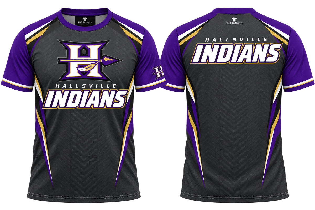 Hallsville Indians Charcoal Spiritwear All-Over-Print Shirt front and back mockup