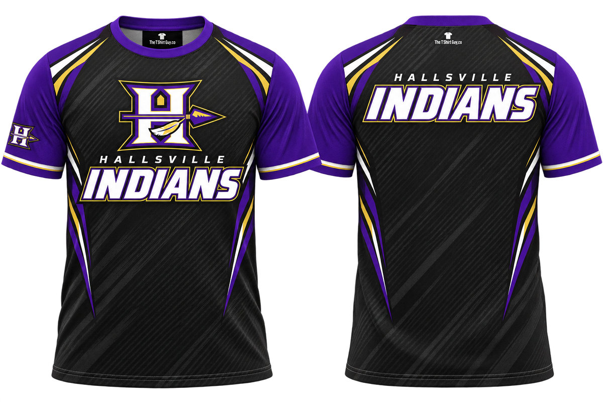 Hallsville Indians Modern Black All-Over-Print Shirt front and back mockup
