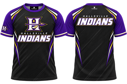 Hallsville Indians Modern Black All-Over-Print Shirt front and back mockup