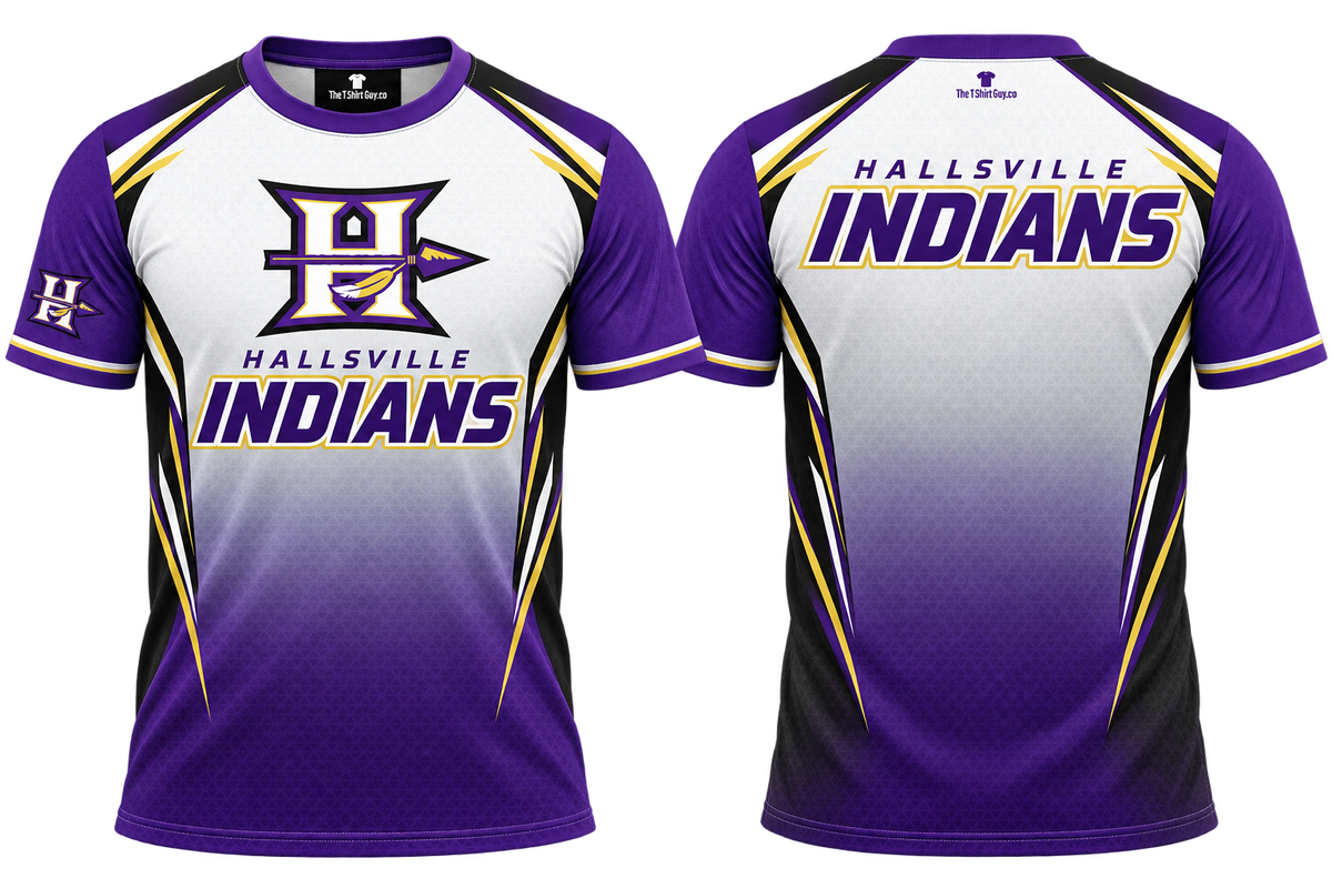 Hallsville Indians Purple Gold Gradient All-Over-Print Shirt front and back mockup