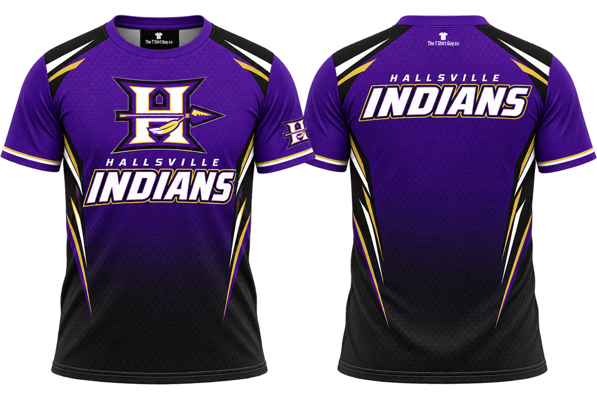 Hallsville Indians Purple H-Arrow All-Over-Print Shirt front and back mockup