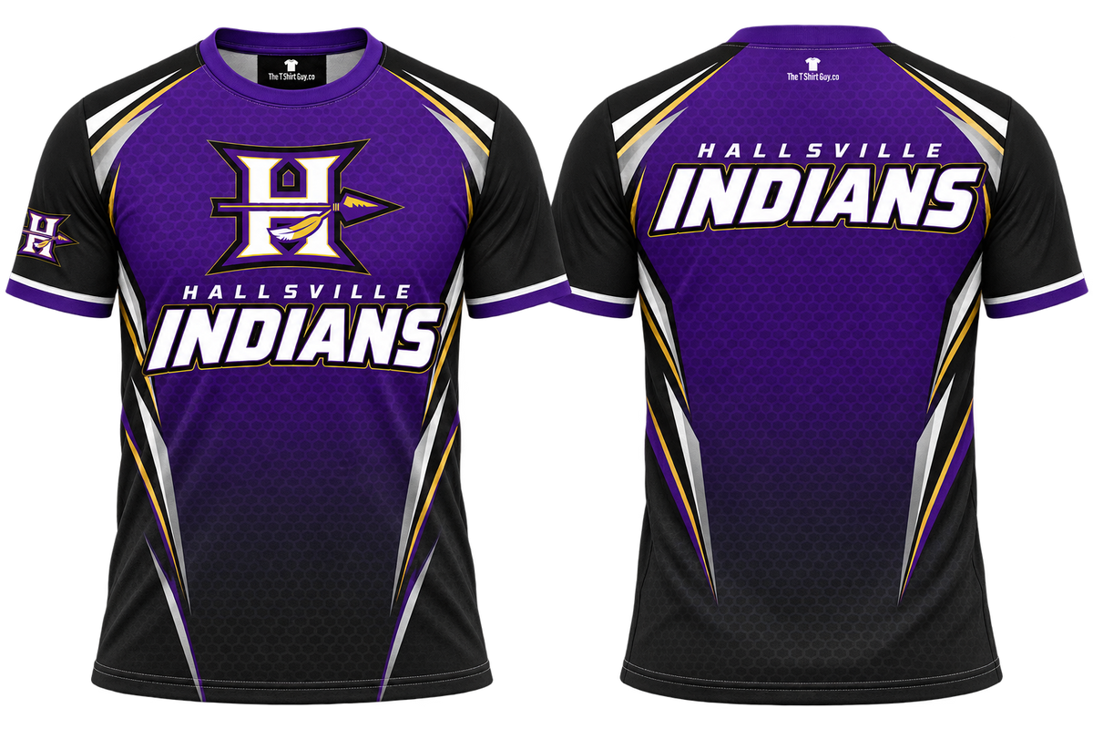 Hallsville Indians Purple Honeycomb All-Over-Print Shirt front and back mockup