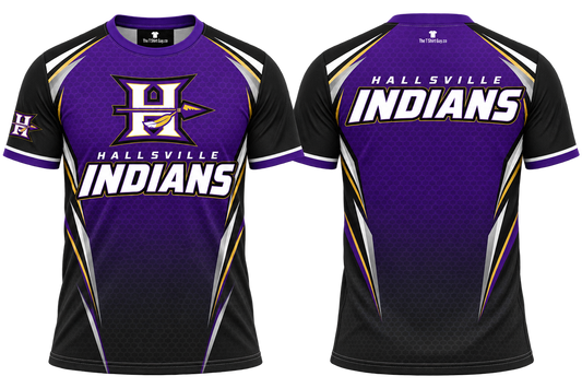 Hallsville Indians Purple Honeycomb All-Over-Print Shirt front and back mockup