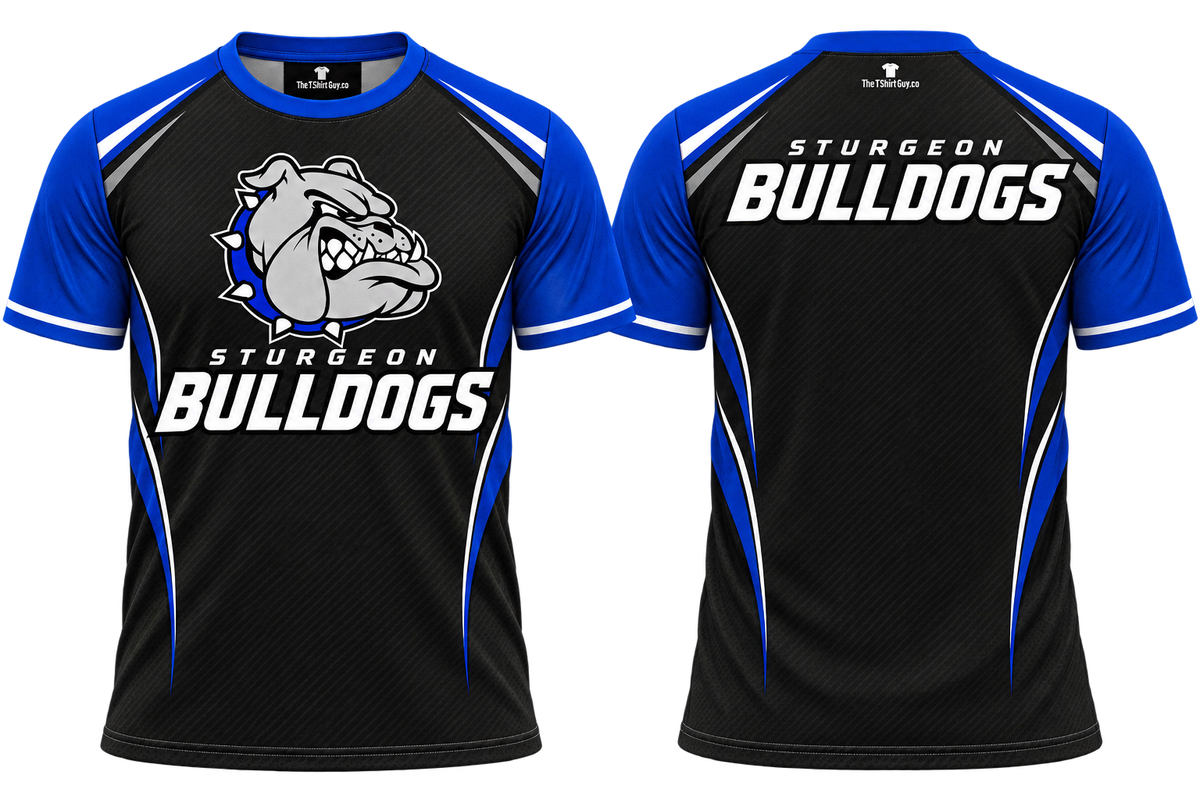 Sturgeon Bulldogs Black and Blue Teamwear All-Over-Print Shirt front and back mockup