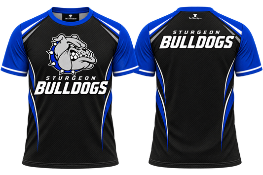 Sturgeon Bulldogs Black and Blue Teamwear All-Over-Print Shirt front and back mockup