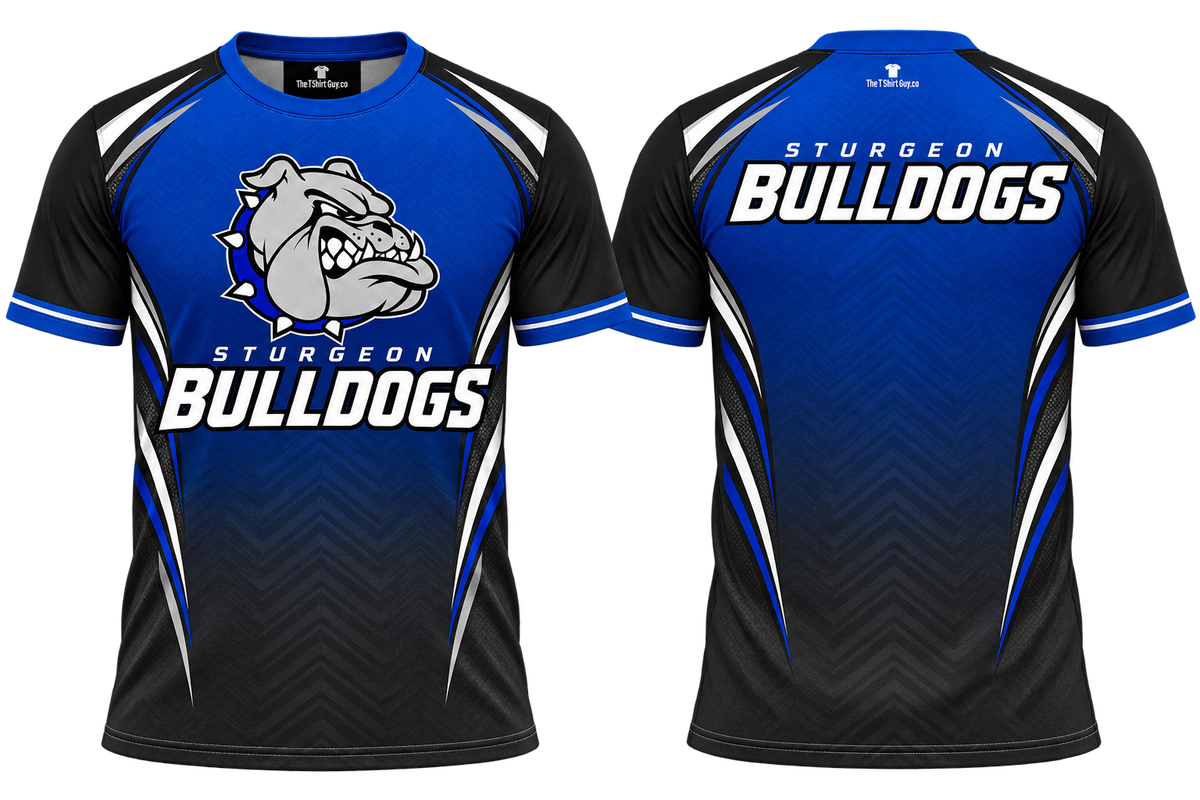 Sturgeon Bulldogs Blue Charcoal All-Over-Print Shirt front and back mockup