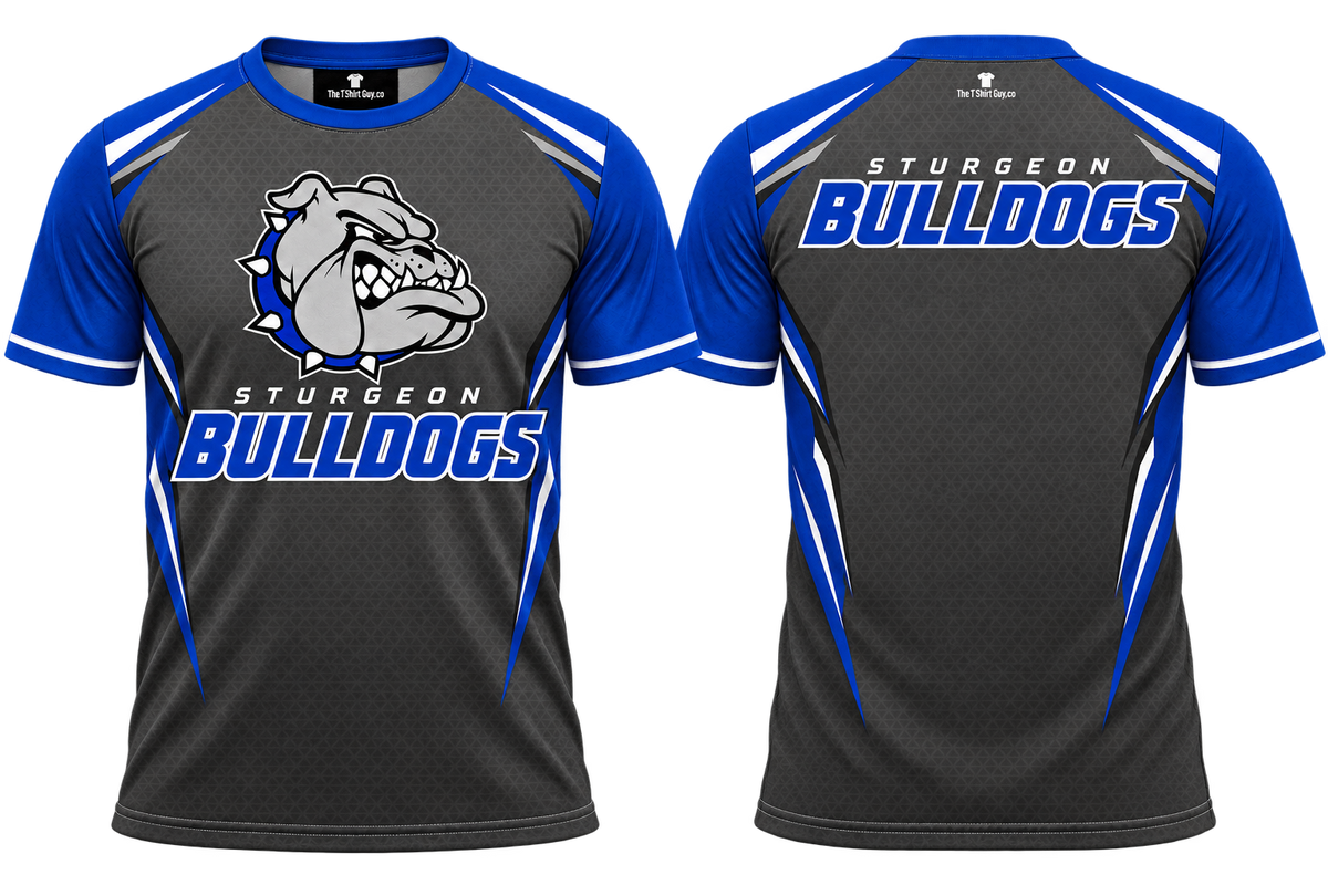 Sturgeon Bulldogs Charcoal Royal Teamwear All-Over-Print Shirt front and back mockup