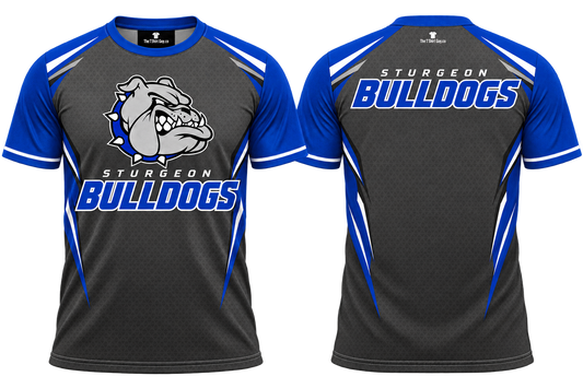Sturgeon Bulldogs Charcoal Royal Teamwear All-Over-Print Shirt front and back mockup