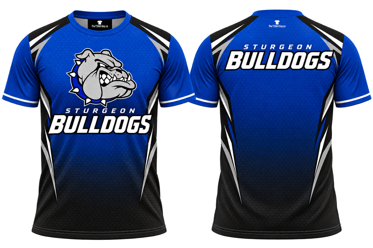 Sturgeon Bulldogs Royal Blue Fade All-Over-Print Shirt front and back mockup