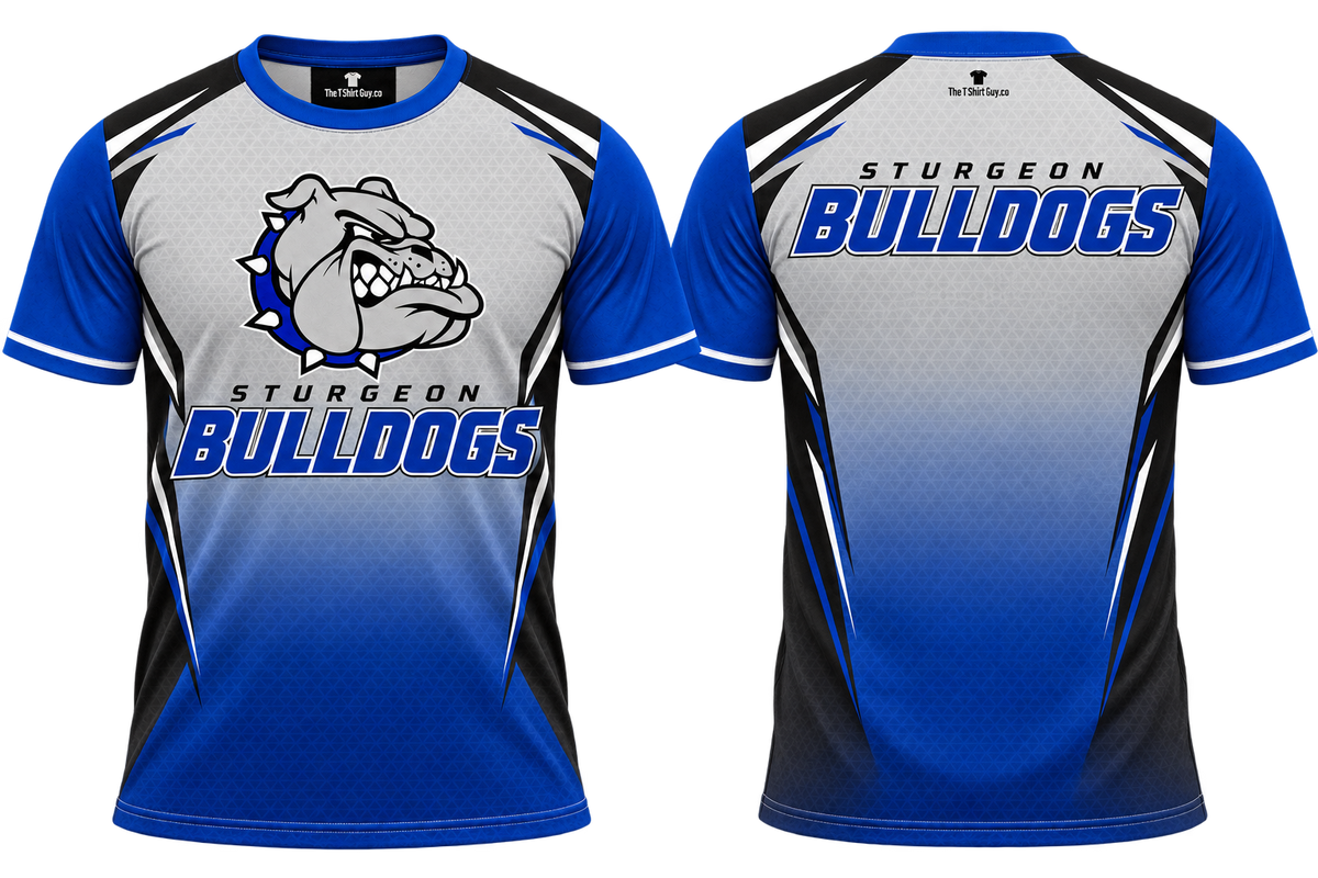 Sturgeon Bulldogs Silver Royal Gradient All-Over-Print Shirt front and back mockup