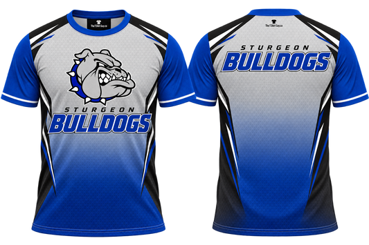 Sturgeon Bulldogs Silver Royal Gradient All-Over-Print Shirt front and back mockup