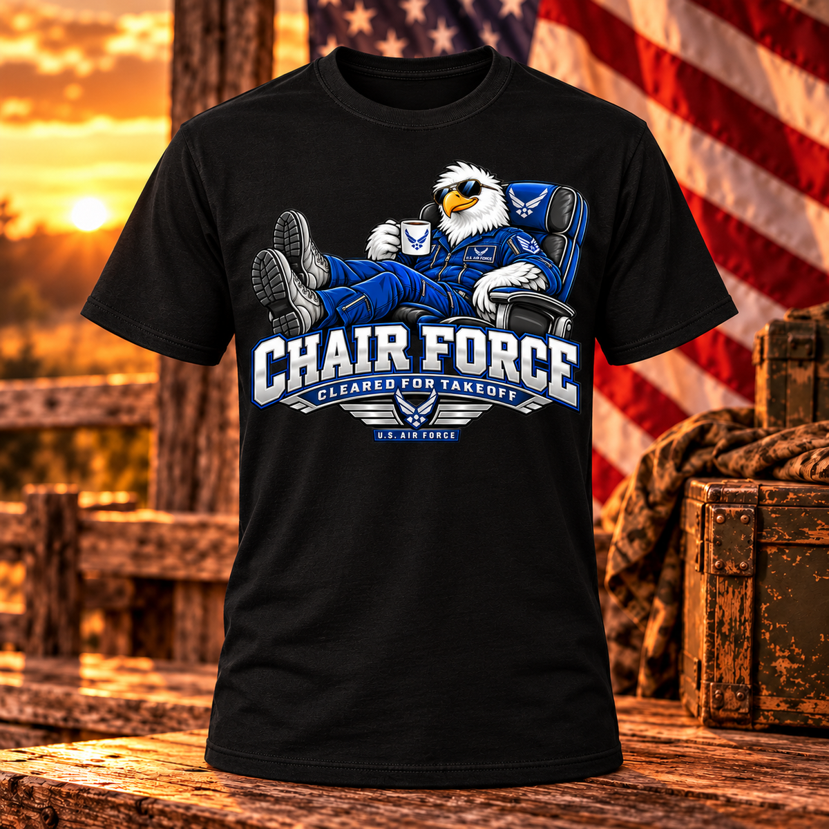 Black U.S. Air Force Chair Force T-shirt with eagle illustration
