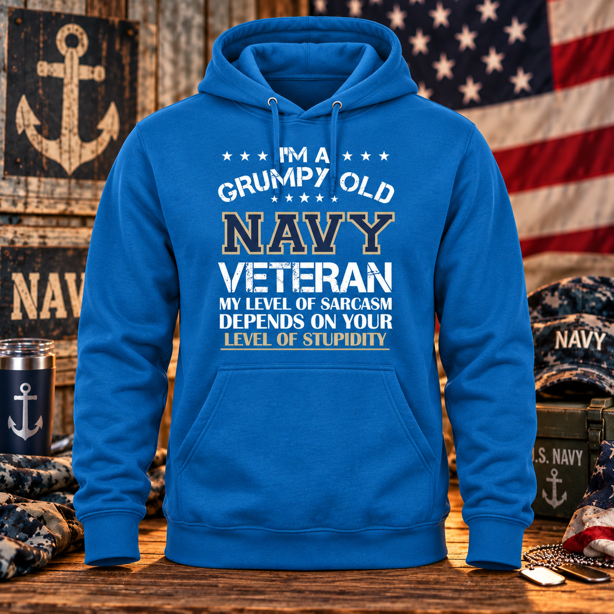 Grumpy Old NAVY Veteran Sapphire Blue Hoodie with themed background