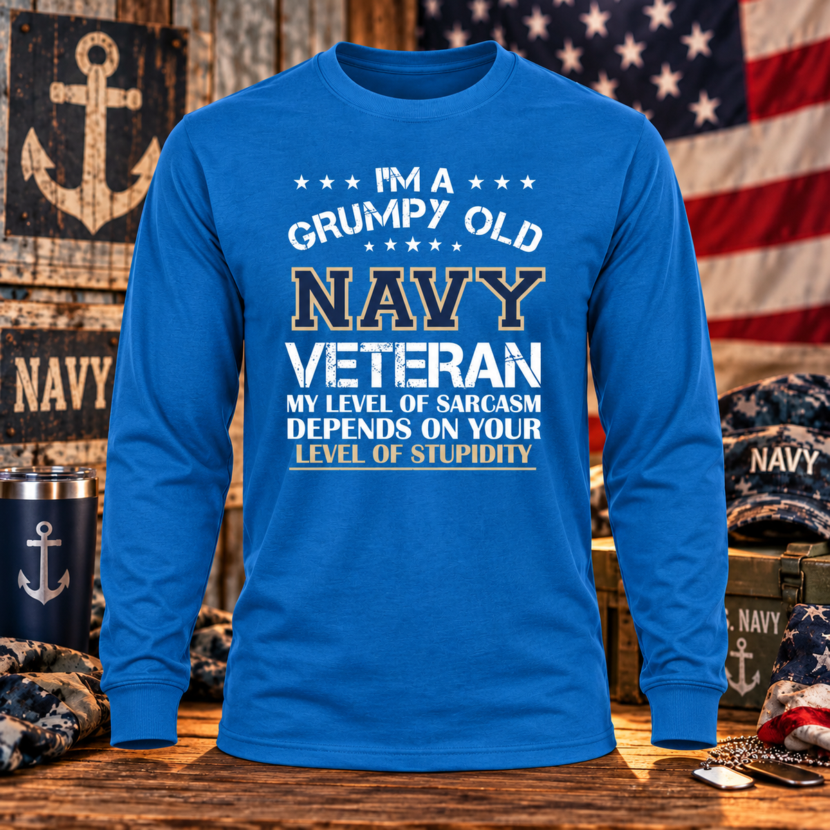 Grumpy Old NAVY Veteran Sapphire Blue Long Sleeve with themed background