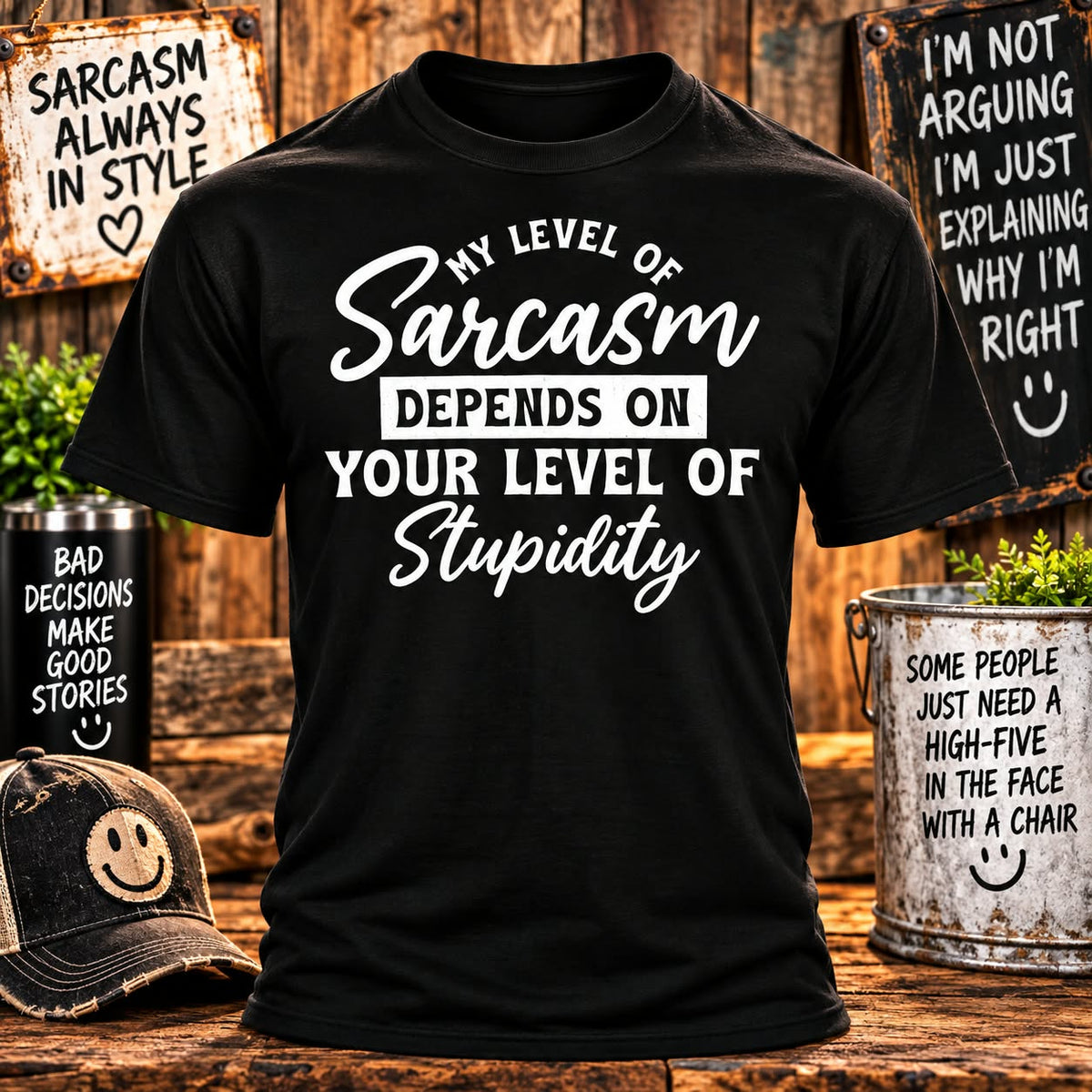 My Level of Sarcasm Black T-shirt with themed background