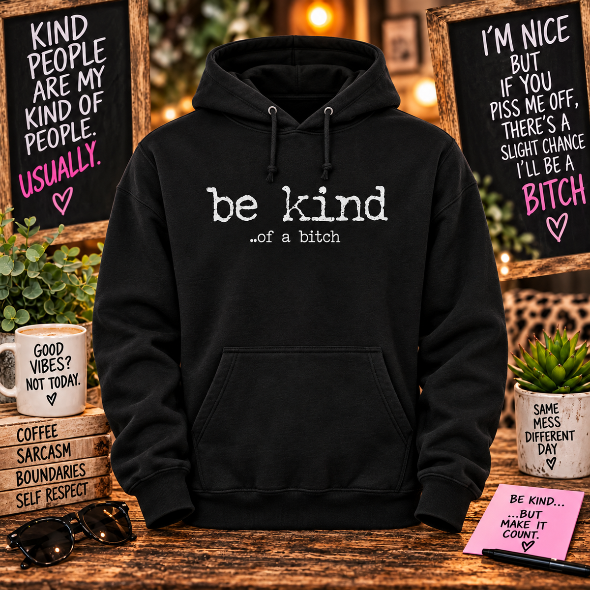 Be Kind ...of a Bitch Black Hoodie with themed background