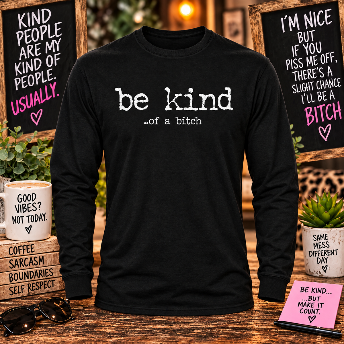 Be Kind ...of a Bitch Black Long Sleeve with themed background
