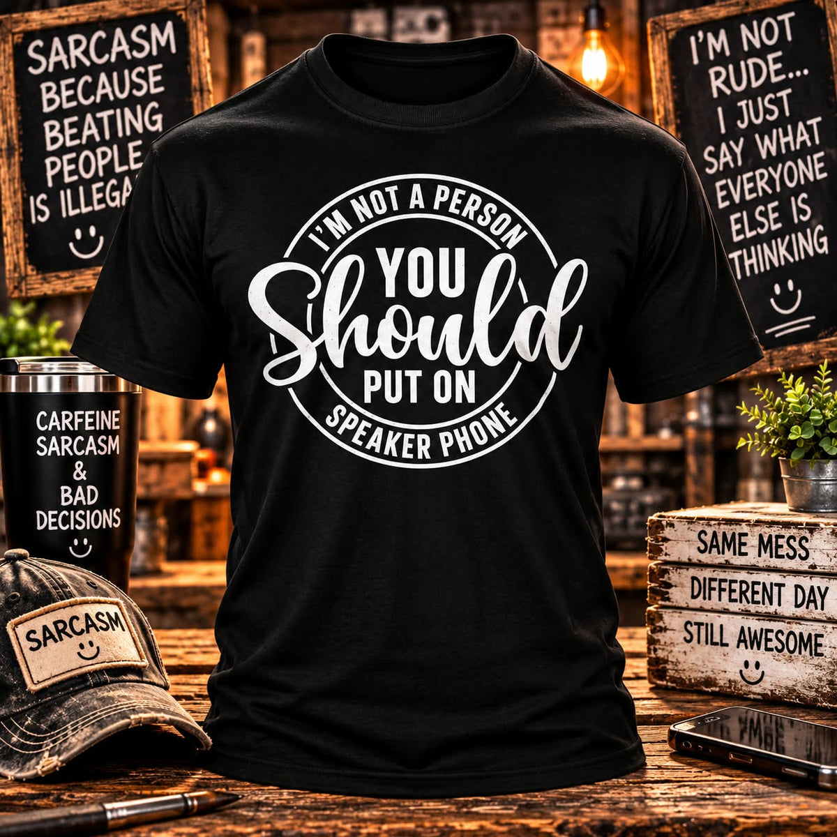 Do Not Put Me on Speaker Phone Black T-shirt with themed background