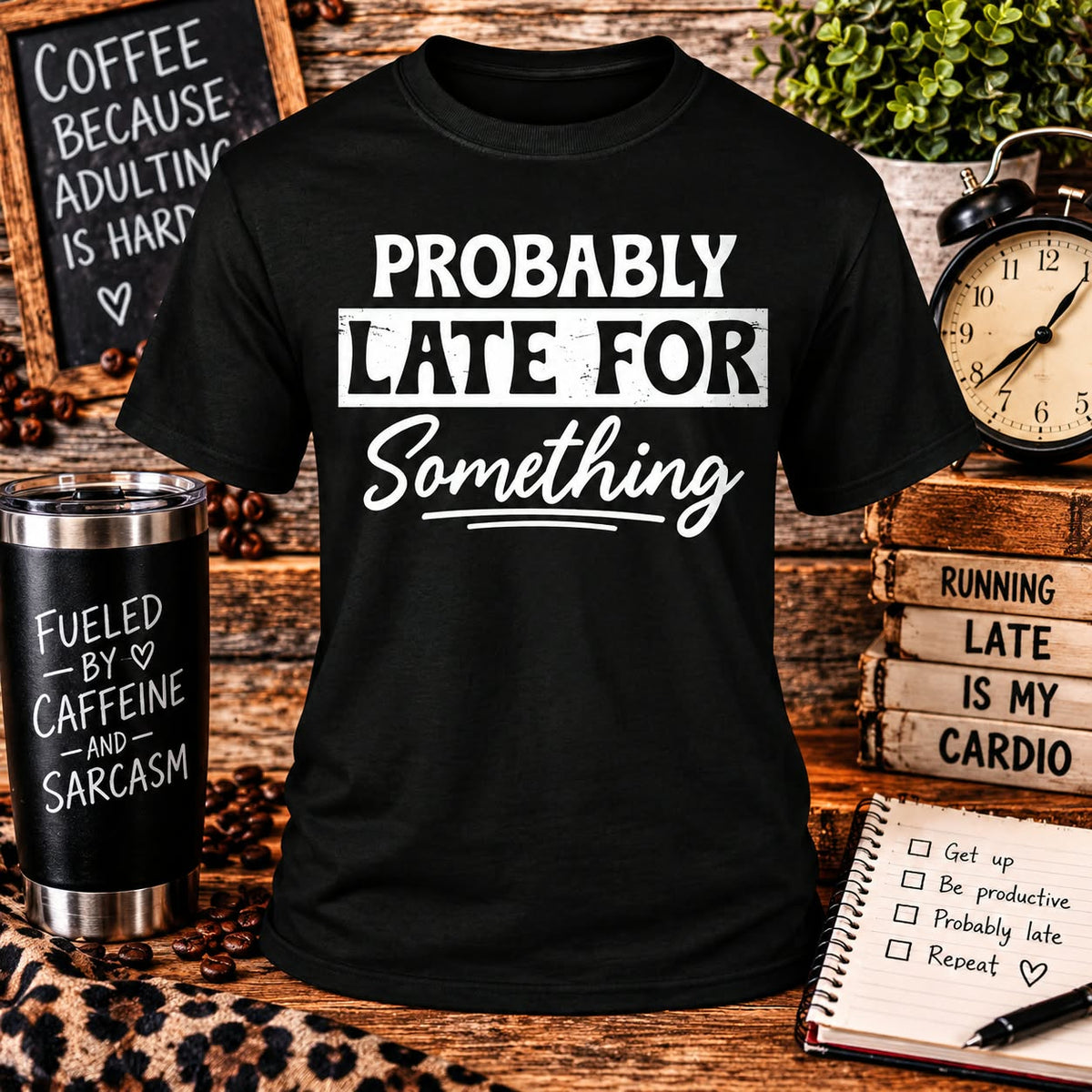 Probably Late for Something Black T-shirt with themed background