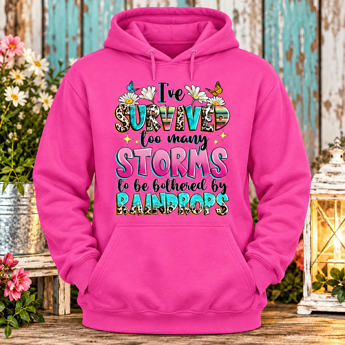 I survived Storms  (Pink) Hot Pink Hoodie with themed background