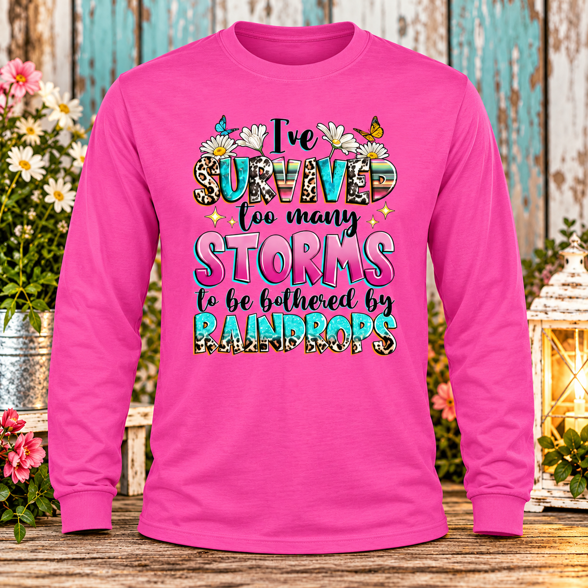 I survived Storms  (Pink) Hot Pink Long Sleeve with themed background