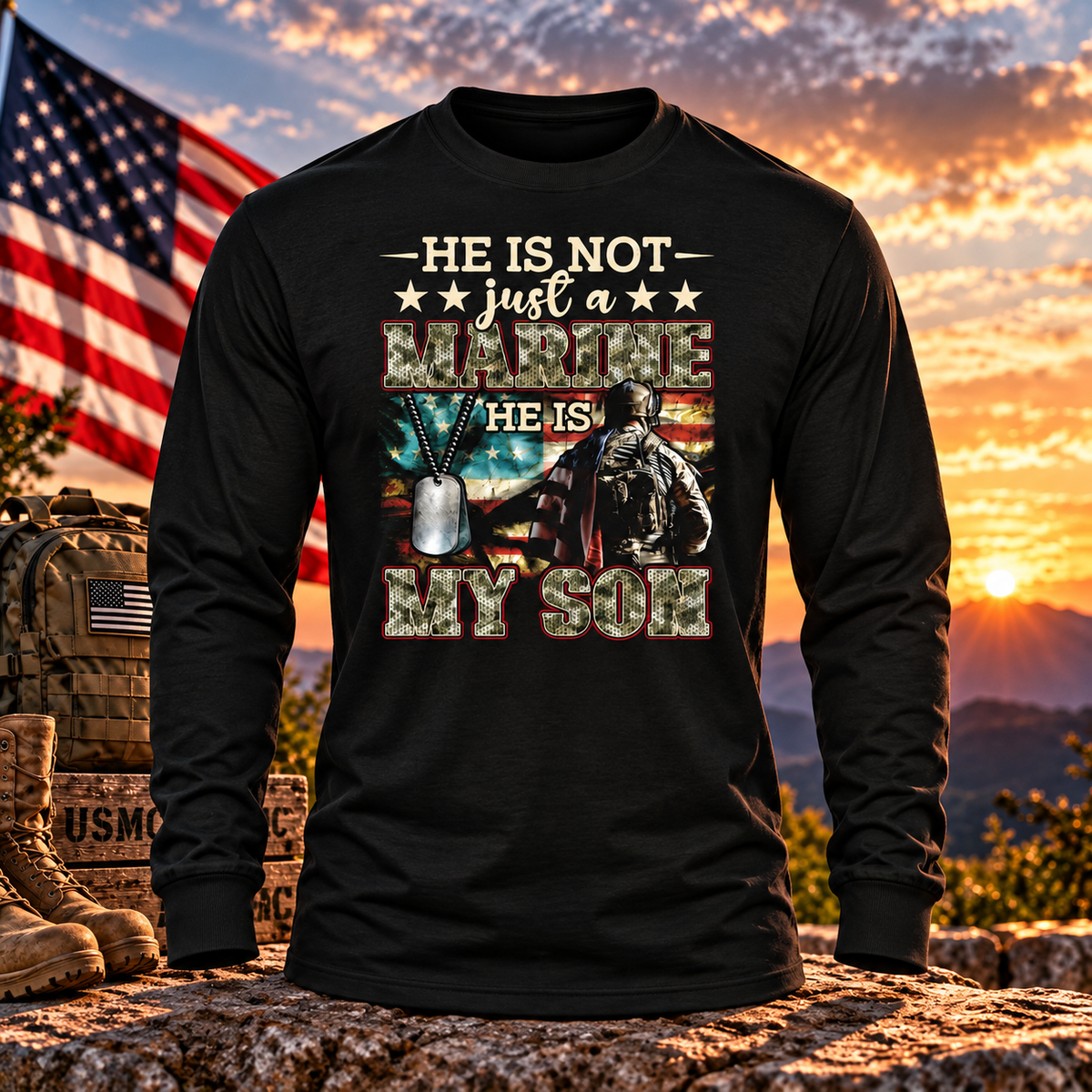 He Is My Son — Marine Black Long Sleeve with themed background