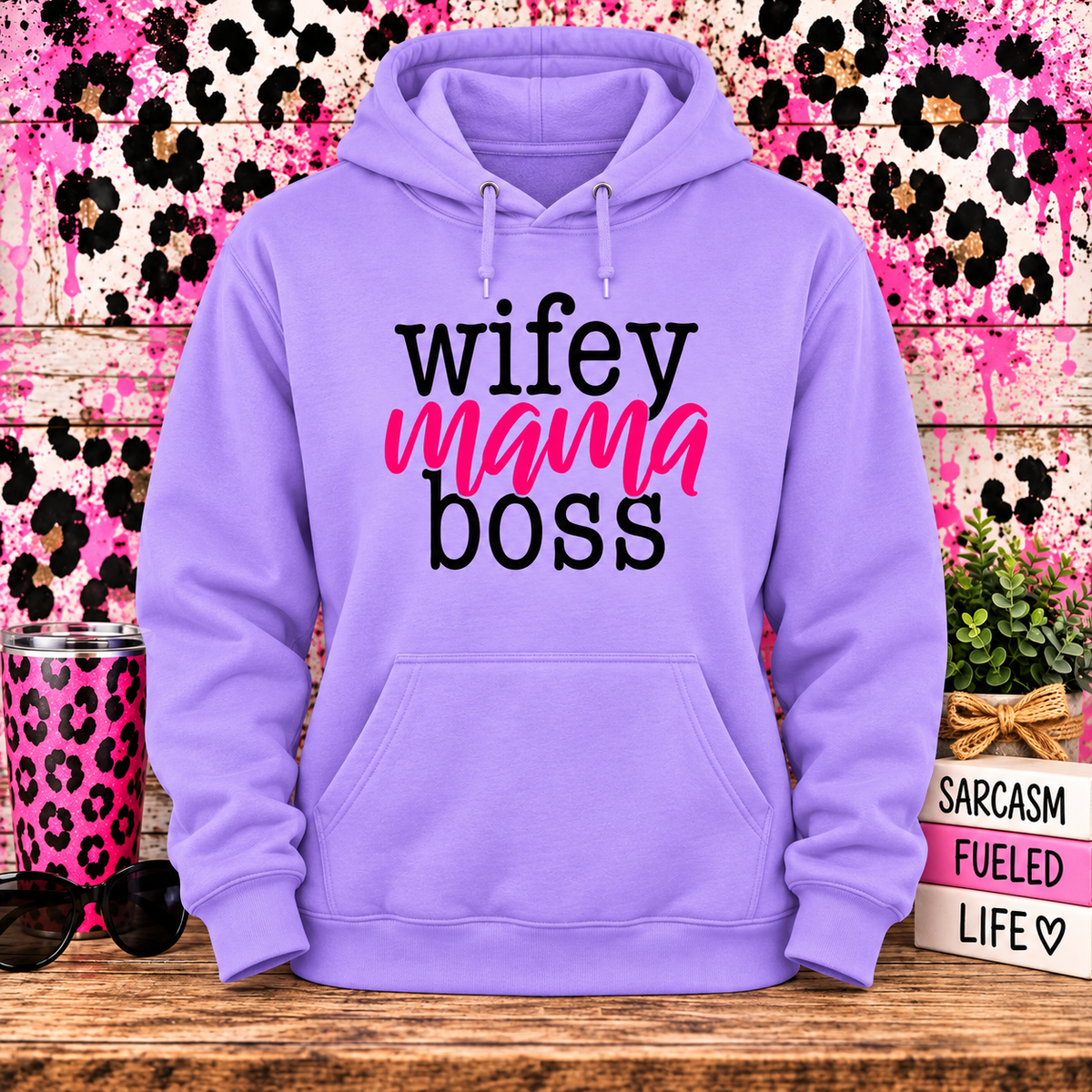 Wifey Mama Boss Lavender Hoodie with themed background