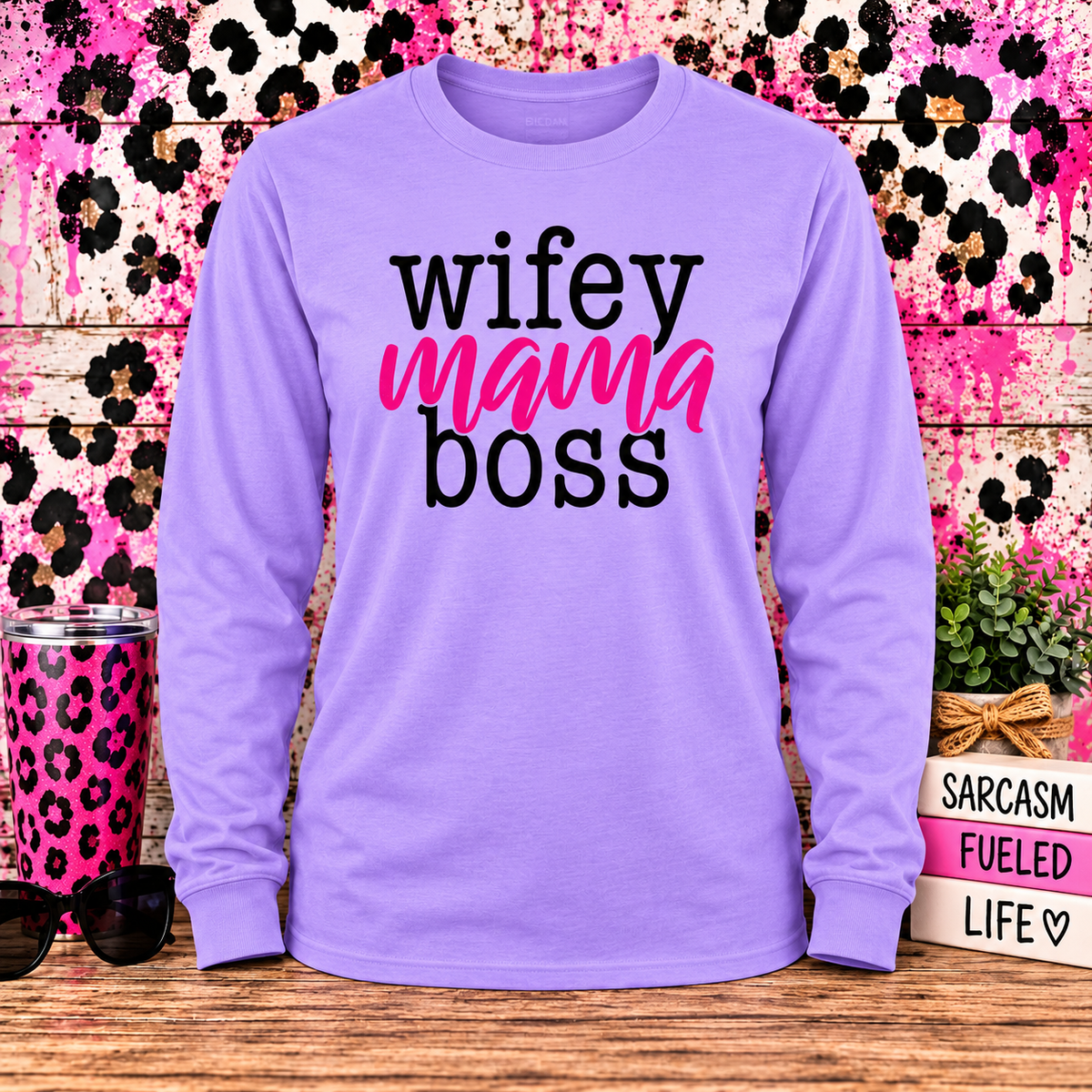 Wifey Mama Boss Lavender Long Sleeve with themed background