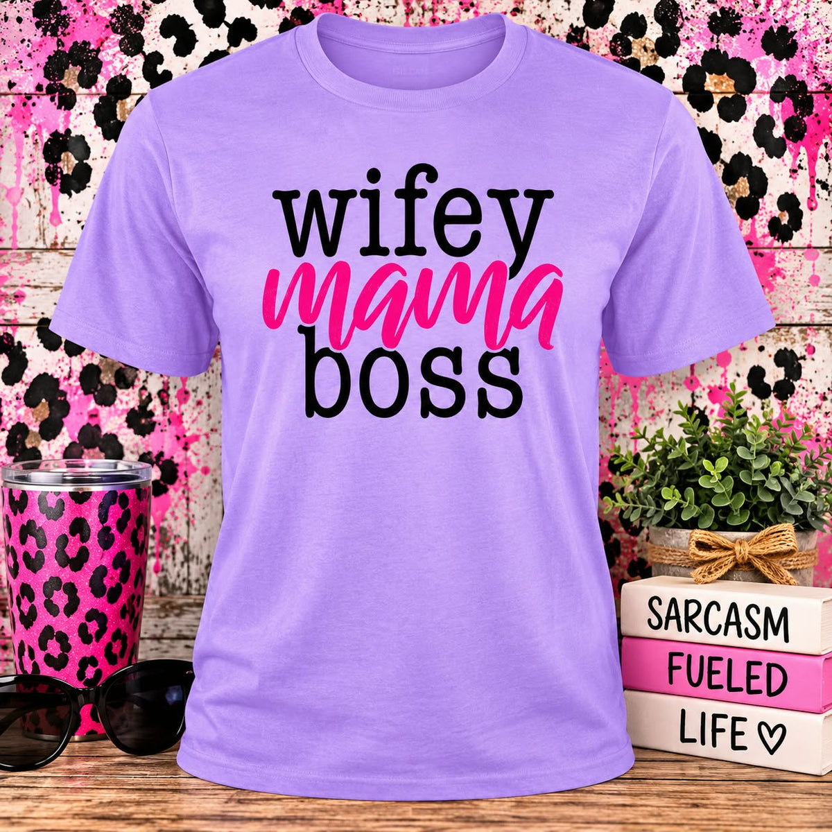 Wifey Mama Boss Lavender T-shirt with themed background