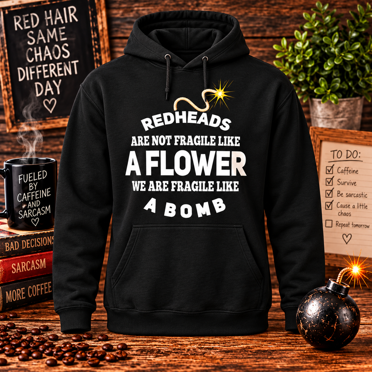 Redheads Are Fragile Like a Bomb Black Hoodie with themed background