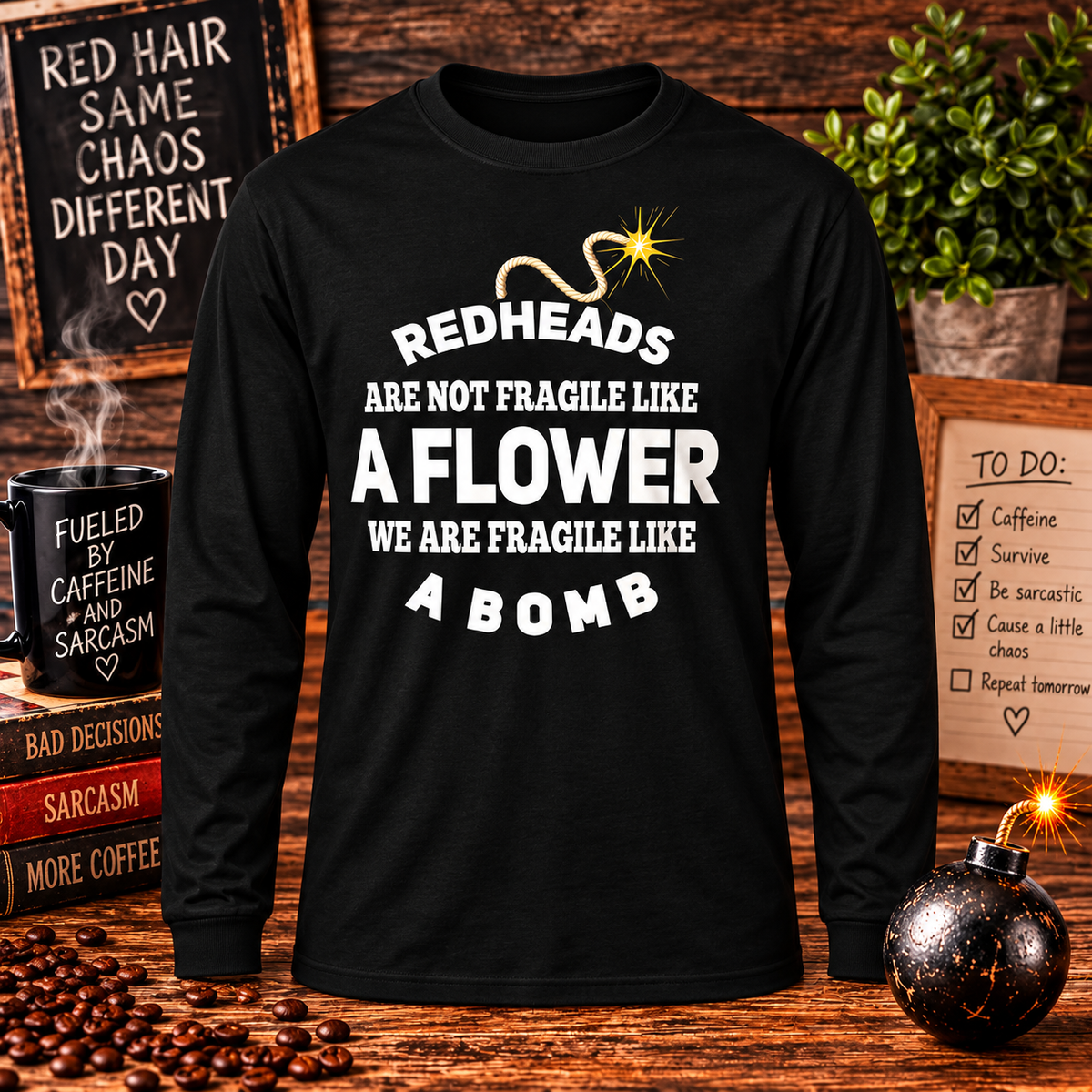 Redheads Are Fragile Like a Bomb Black Long Sleeve with themed background
