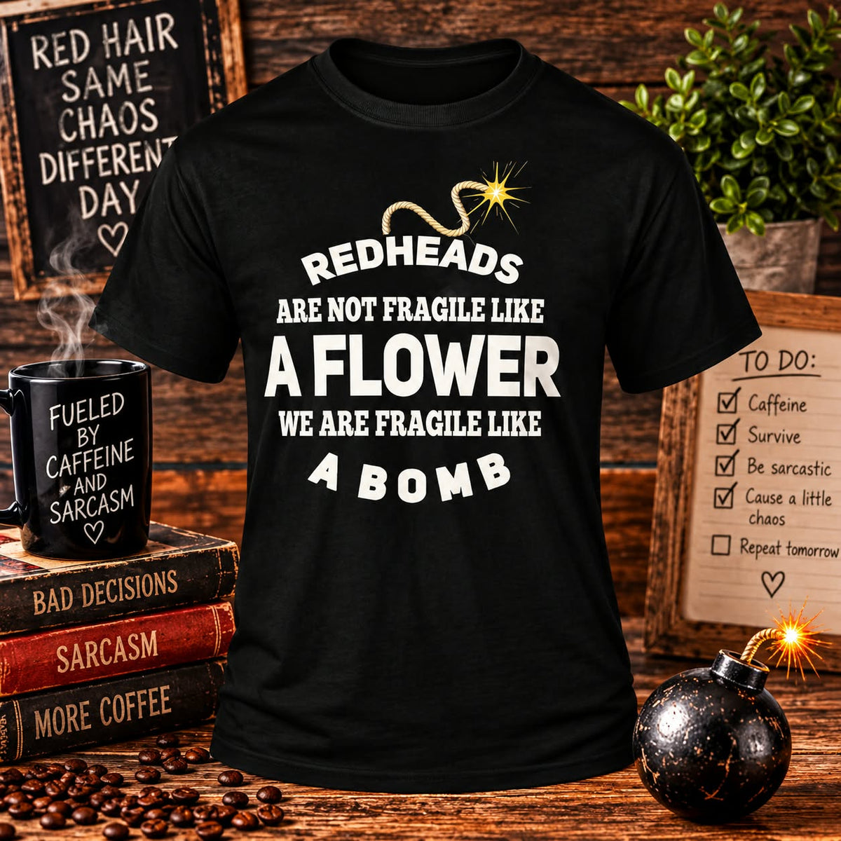 Redheads Are Fragile Like a Bomb Black T-shirt with themed background