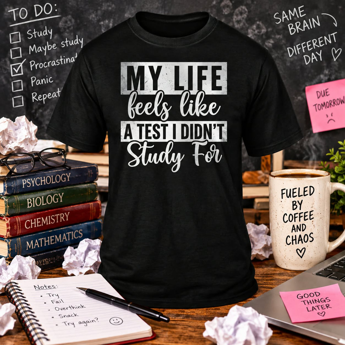 My Life Feels Like a Test Black T-shirt with themed background