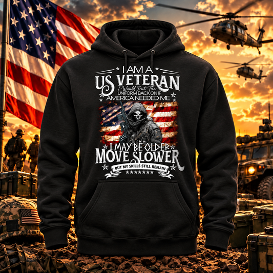 I Am a US Veteran — My Skills Remain Black Hoodie with themed background
