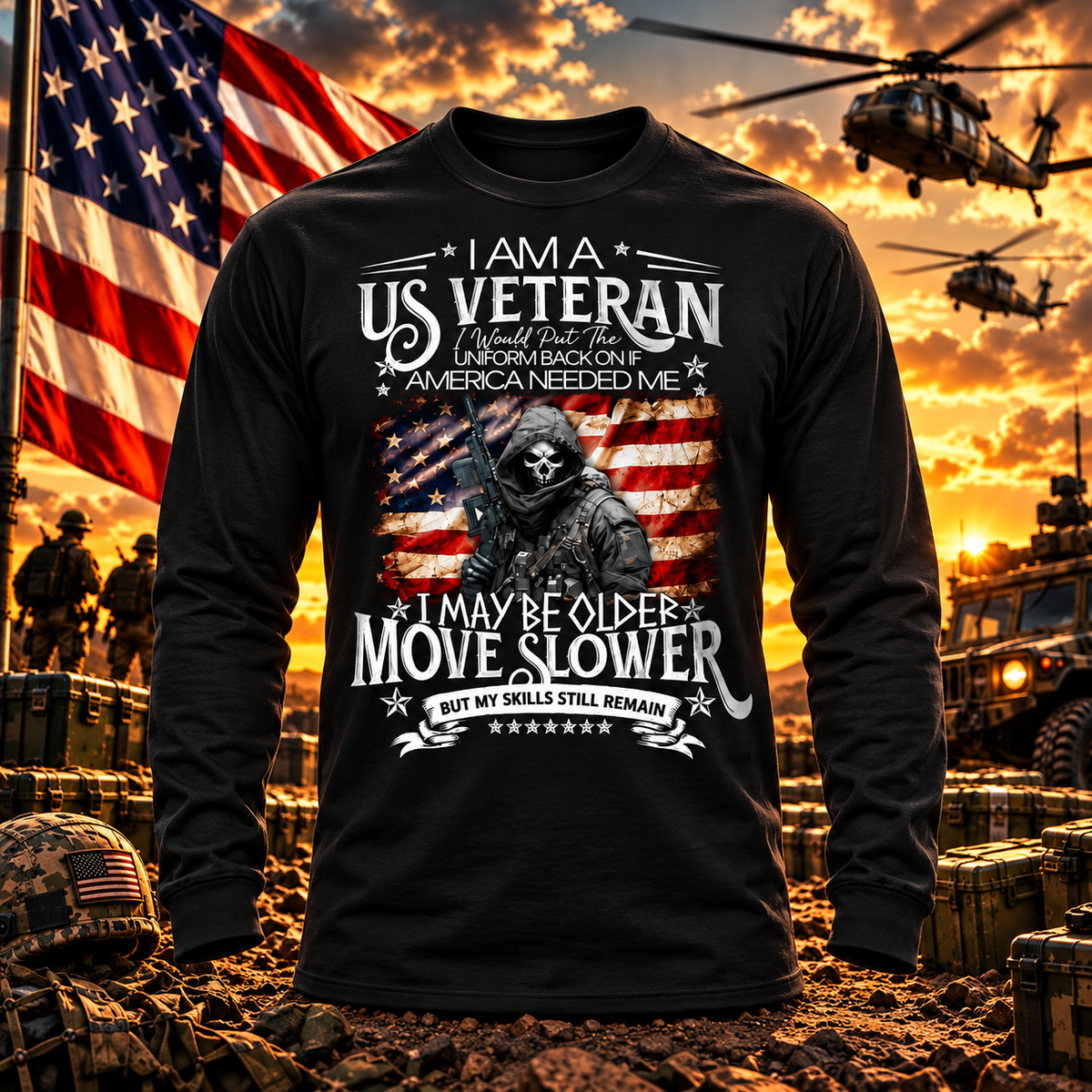 I Am a US Veteran — My Skills Remain Black Long Sleeve with themed background