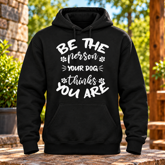 Be the Person Your Dog Thinks You Are Black Hoodie with themed background